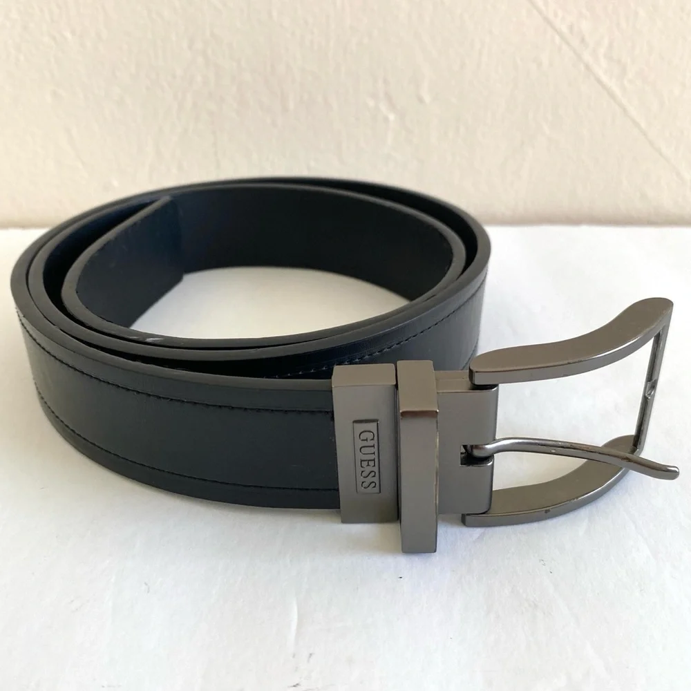 Vintage Guess Reversible Belt Black Brown Men M 34-36 Faux Leather Silver Buckle
